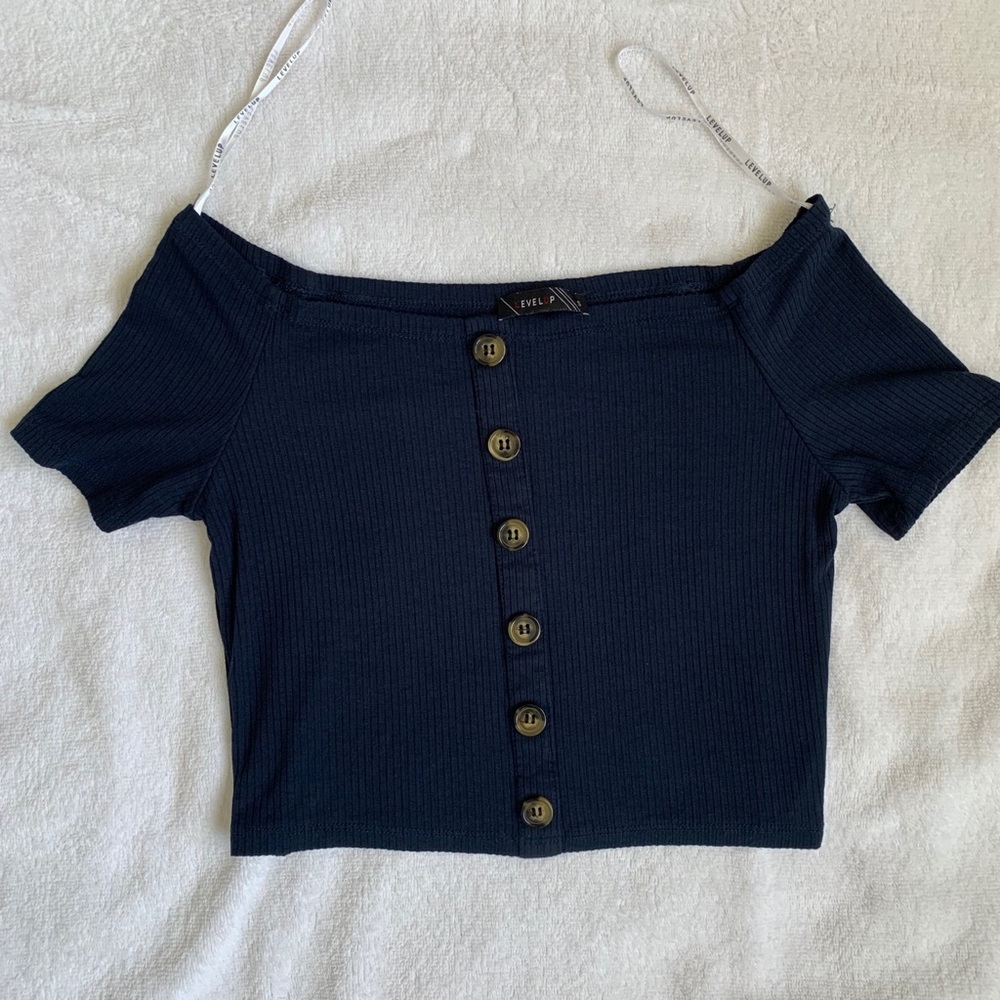 Navy Blue Button Off The Shoulder Crop Top